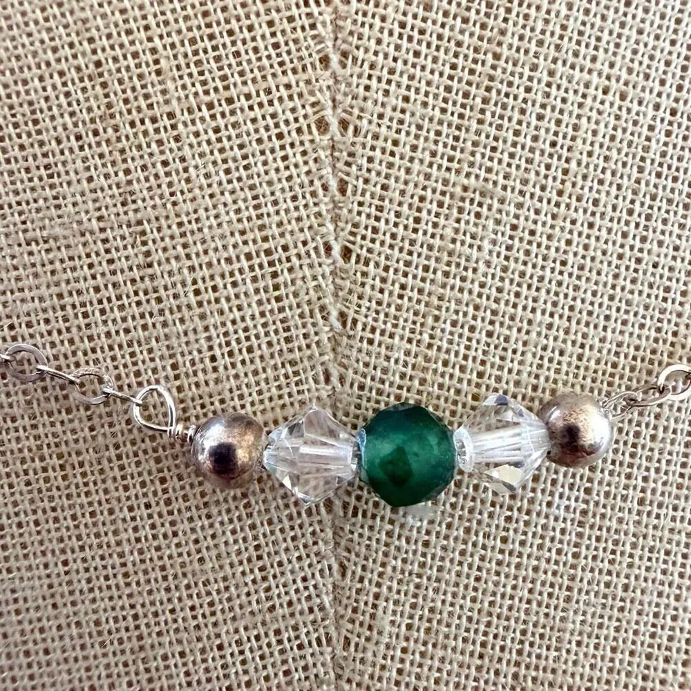 Vintage Sterling Silver Green Stone & Crystal Necklace Emerald Tone Beaded Neck